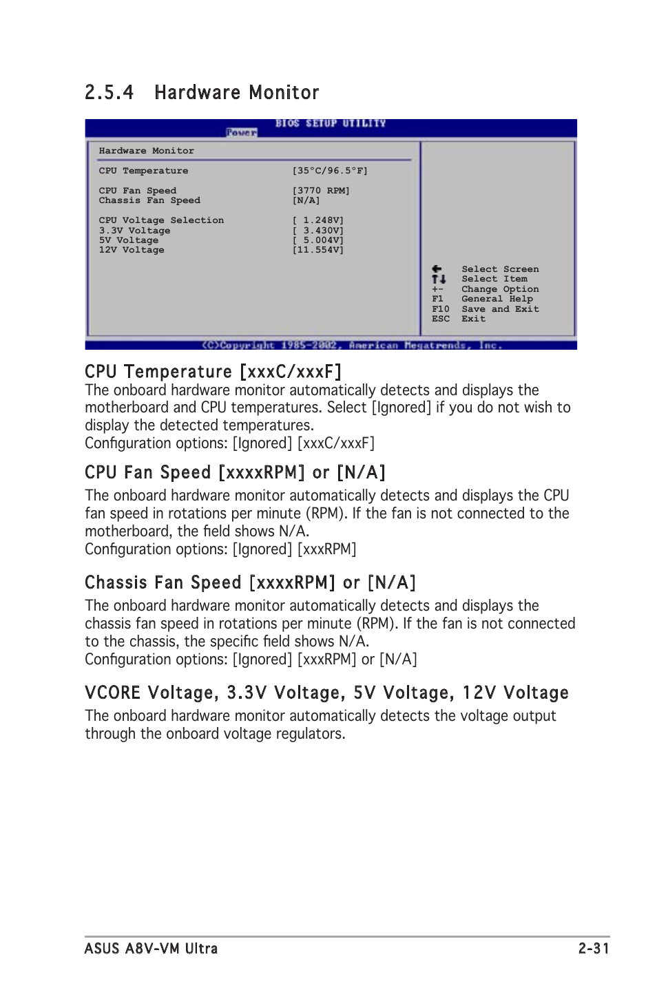 4 hardware monitor, Cpu temperature [xxxc/xxxf | Asus A8V-VM Ultra User Manual | Page 73 / 86