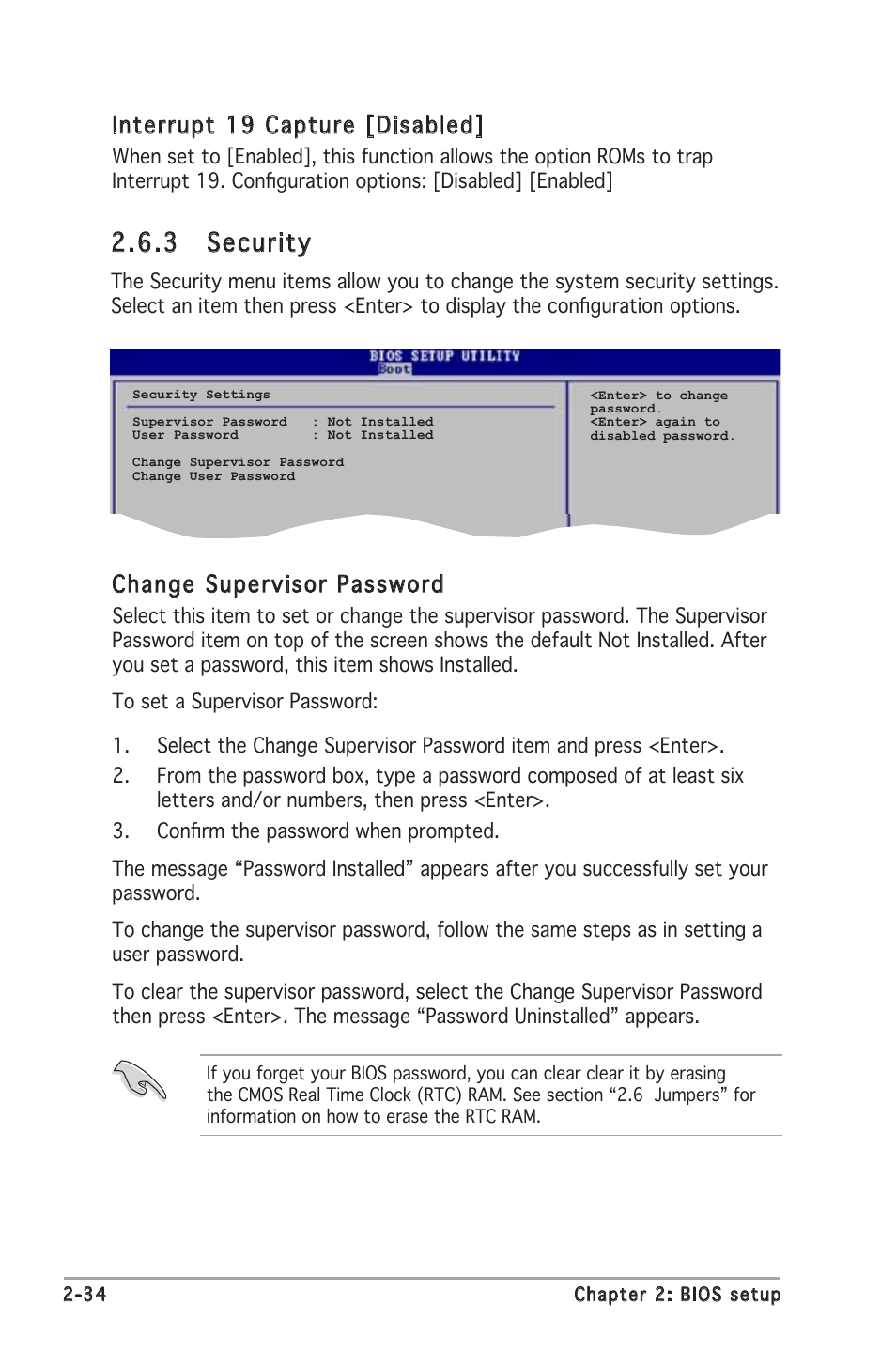 3 security, Interrupt 19 capture [disabled, Change supervisor password | Asus A8V-VM Ultra User Manual | Page 76 / 86