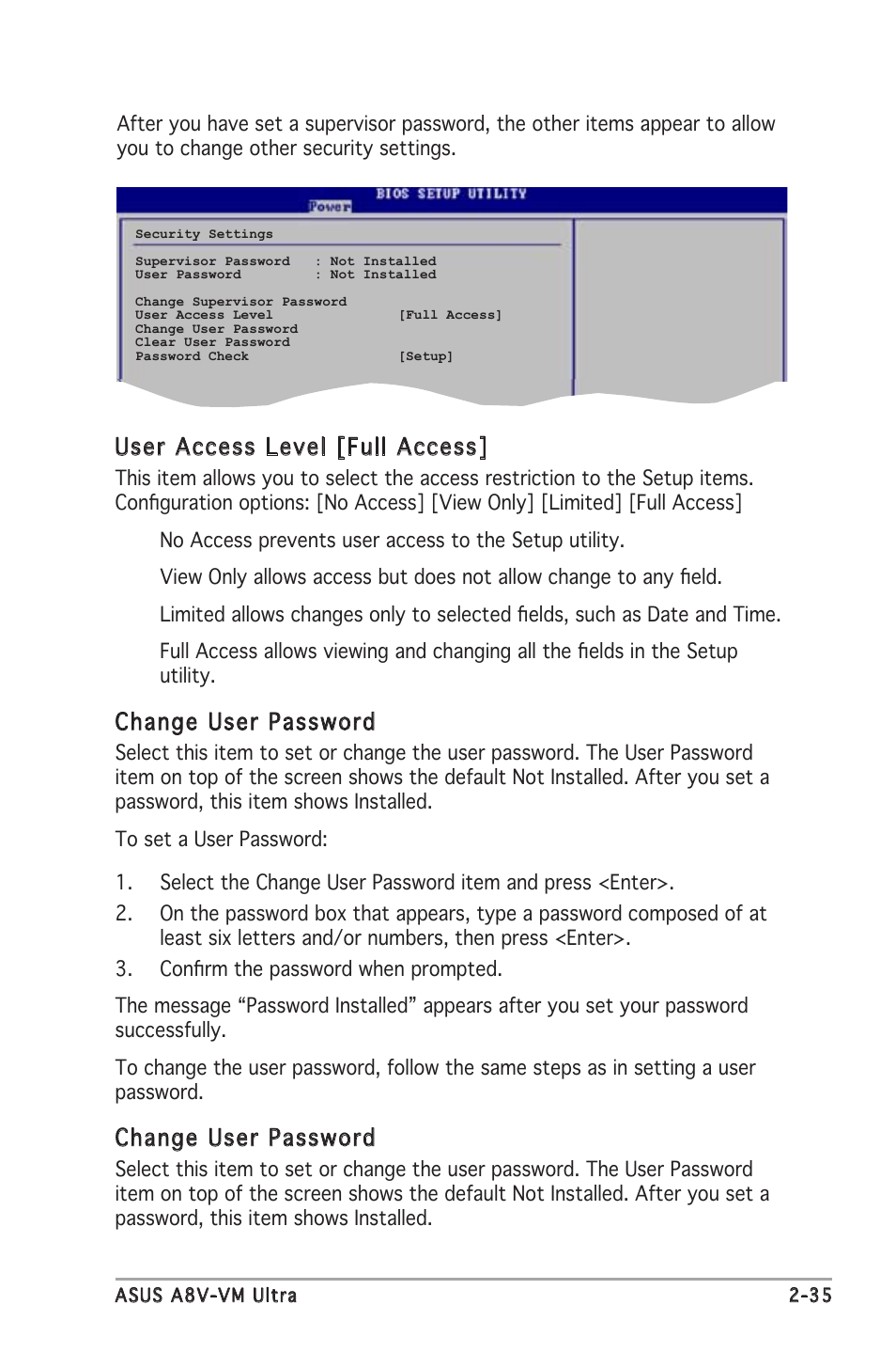 User access level [full access, Change user password | Asus A8V-VM Ultra User Manual | Page 77 / 86