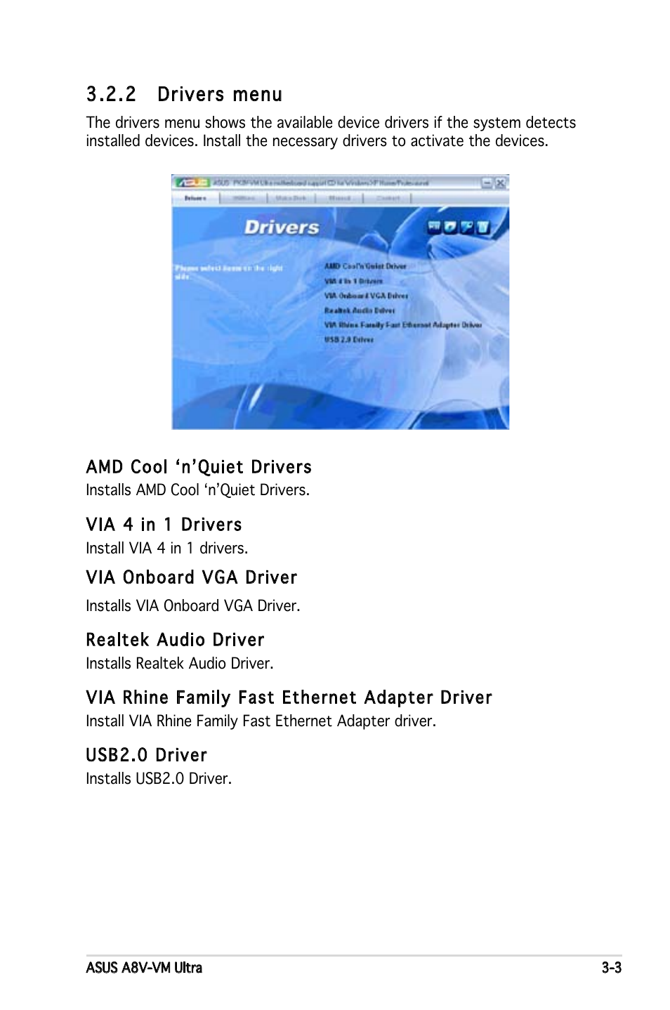 . drivers menu | Asus A8V-VM Ultra User Manual | Page 83 / 86