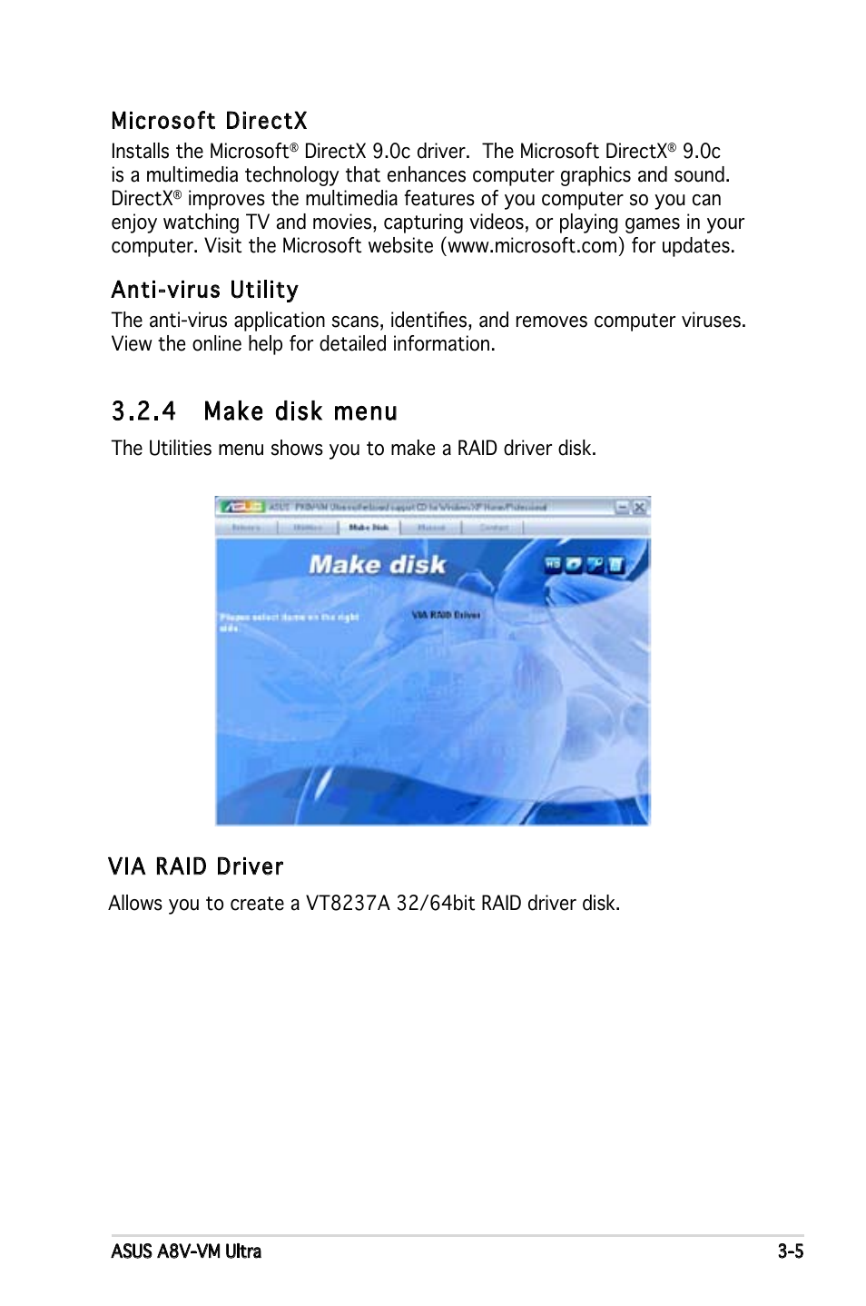 4 make disk menu, Microsoft directx, Anti-virus utility | Via raid driver | Asus A8V-VM Ultra User Manual | Page 85 / 86