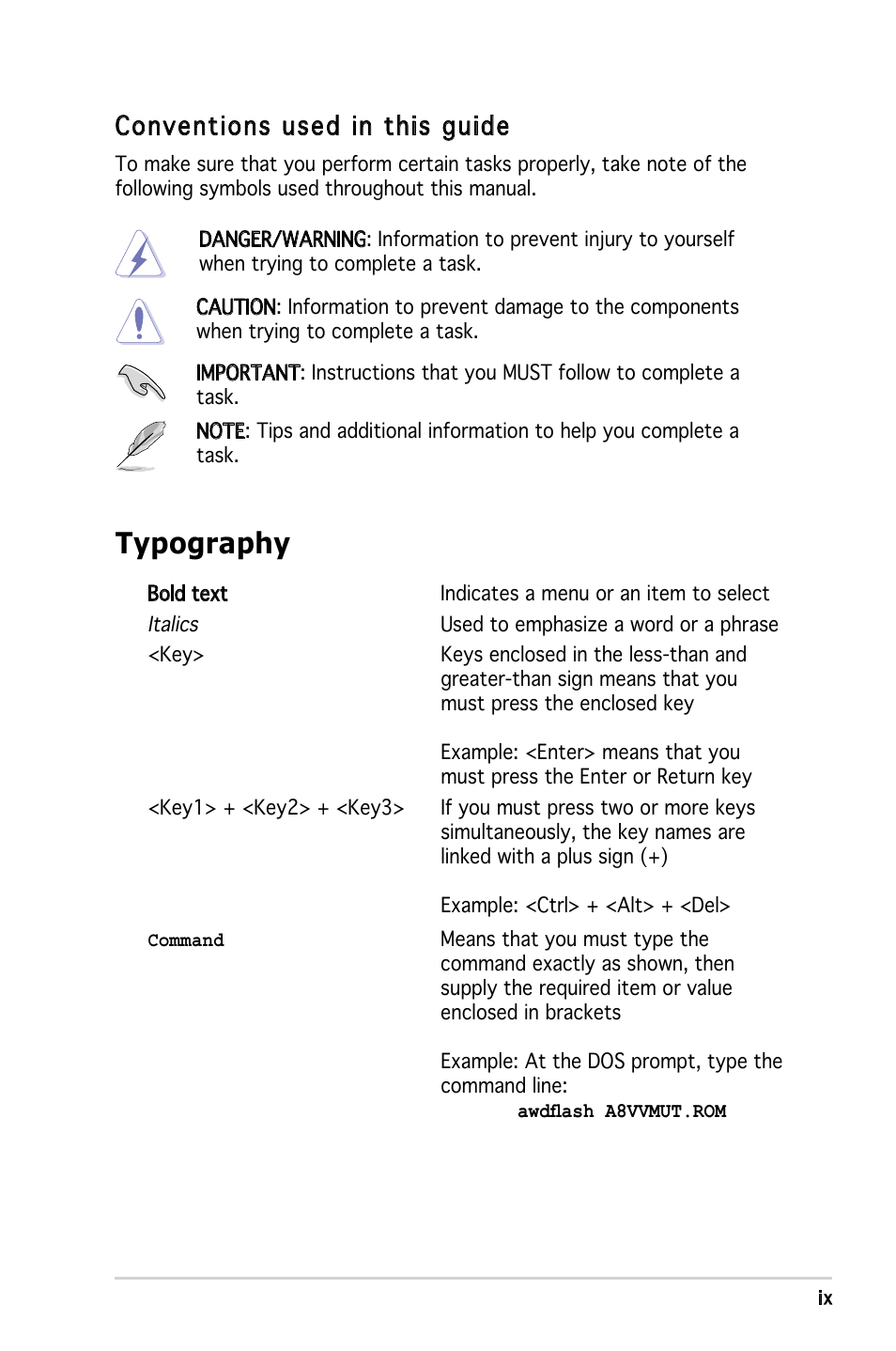 Typography, Conventions used in this guide | Asus A8V-VM Ultra User Manual | Page 9 / 86