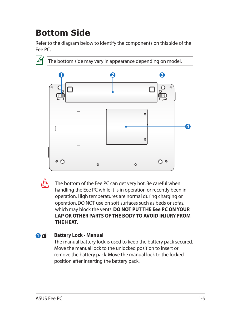 Bottom side, Bottom side -5 | Asus Eee PC 1201HAB User Manual | Page 13 / 60