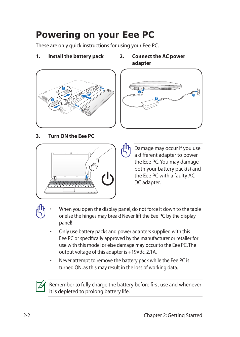 Powering on your eee pc, Powering on your eee pc -2 | Asus Eee PC 1201HAB User Manual | Page 24 / 60