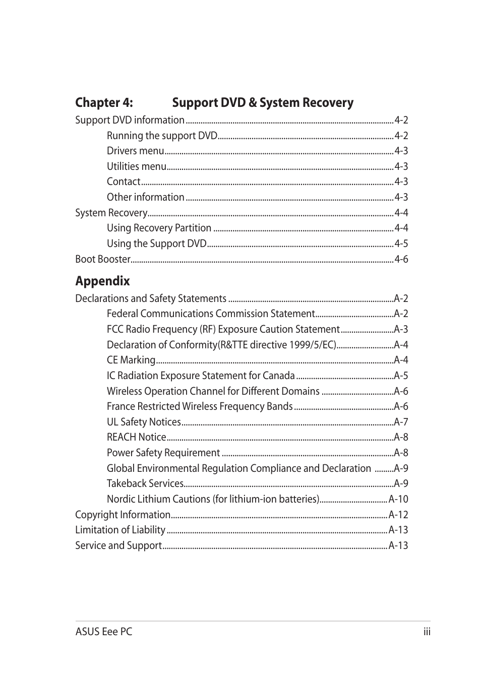 Chapter 4: support dvd & system recovery, Appendix | Asus Eee PC 1201HAB User Manual | Page 3 / 60