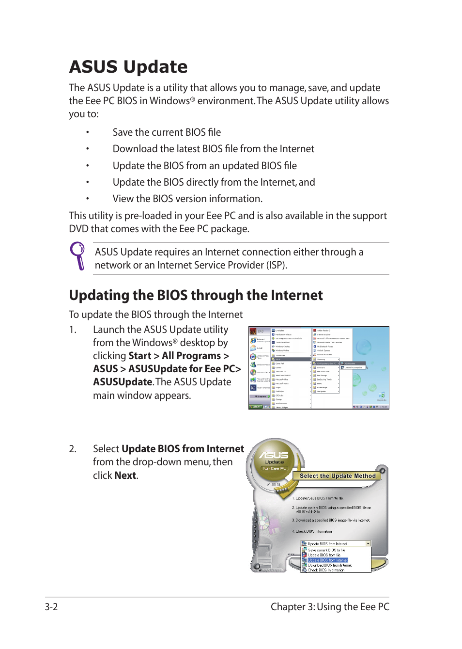 Asus update, Updating the bios through the internet, Asus update -2 | Updating the bios through the internet -2 | Asus Eee PC 1201HAB User Manual | Page 34 / 60