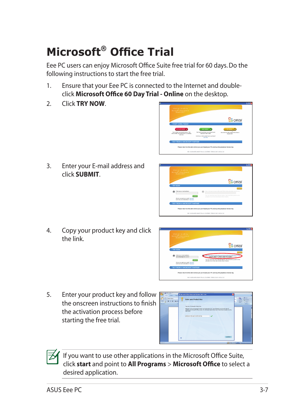 Microsoft® office trial, Microsoft, Office trial -7 | Office trial | Asus Eee PC 1201HAB User Manual | Page 39 / 60