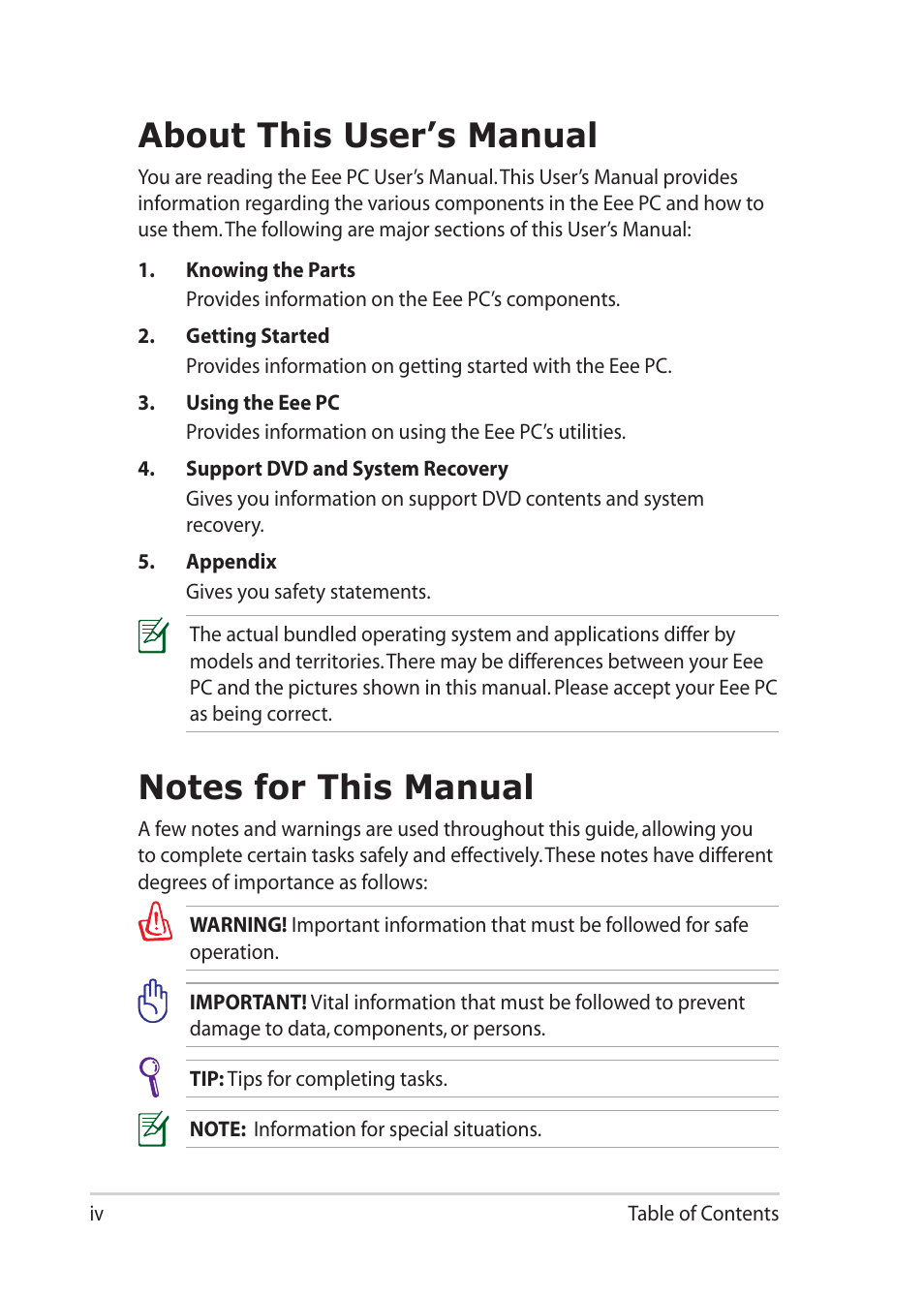 About this user’s manual, Notes for this manual | Asus Eee PC 1201HAB User Manual | Page 4 / 60