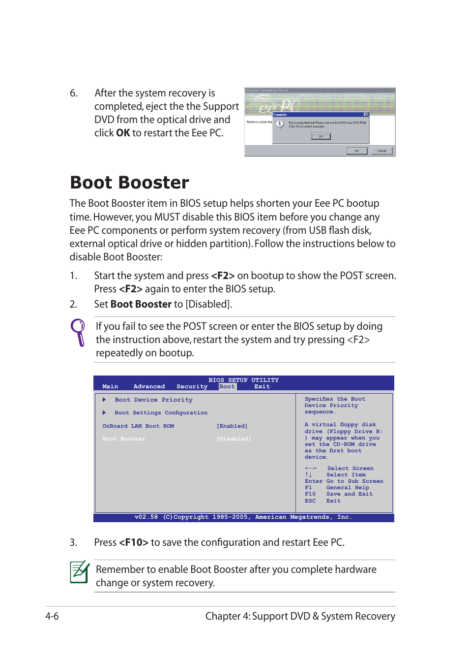 Boot booster, Chapter 4: support dvd & system recovery 4-6 | Asus Eee PC 1201HAB User Manual | Page 46 / 60