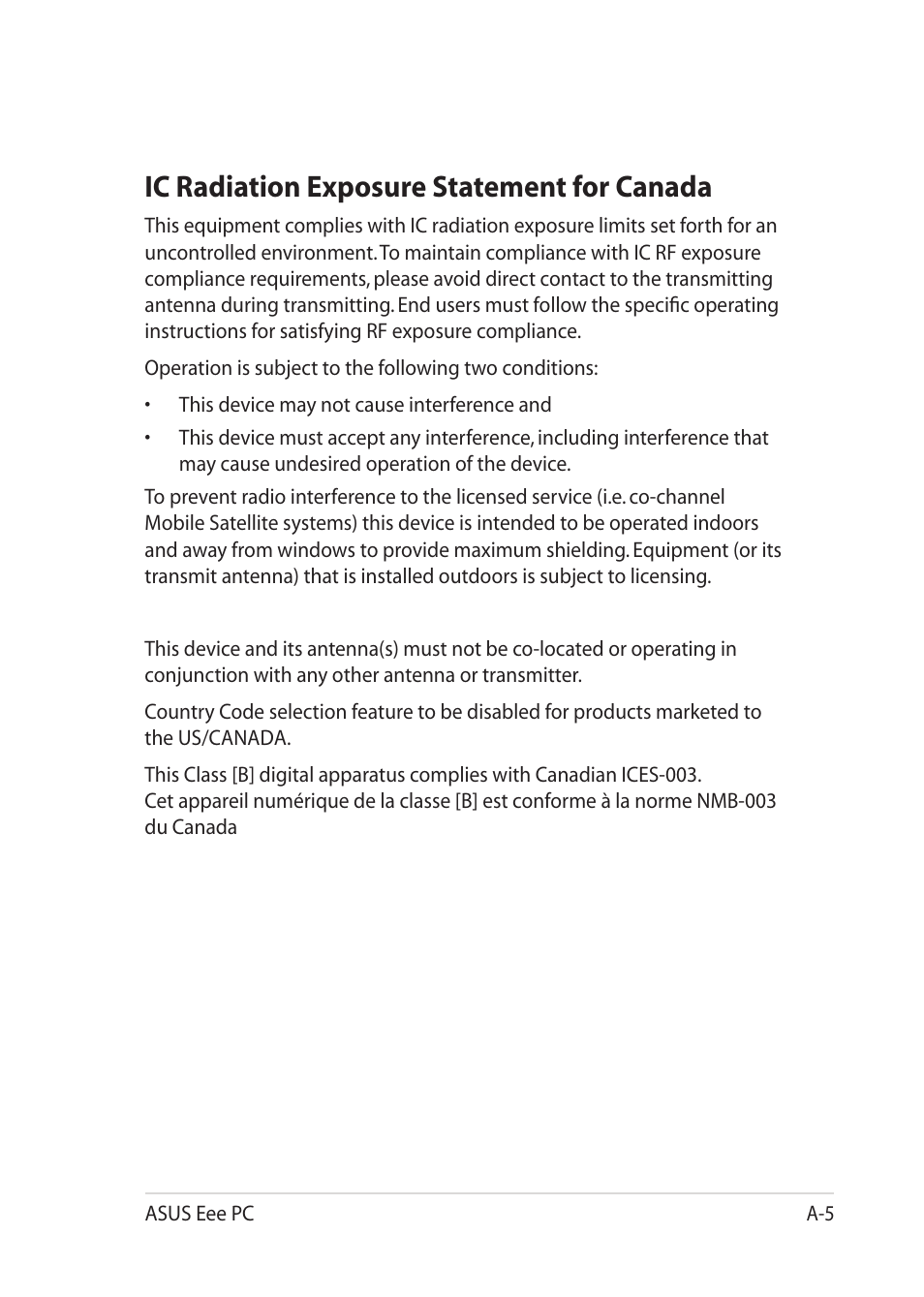 Ic radiation exposure statement for canada | Asus Eee PC 1201HAB User Manual | Page 51 / 60