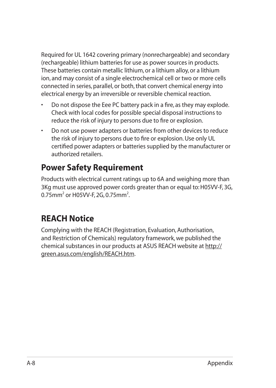 Reach notice, Power safety requirement | Asus Eee PC 1201HAB User Manual | Page 54 / 60