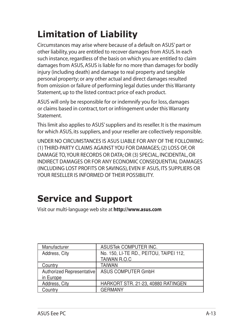 Limitation of liability, Service and support | Asus Eee PC 1201HAB User Manual | Page 59 / 60