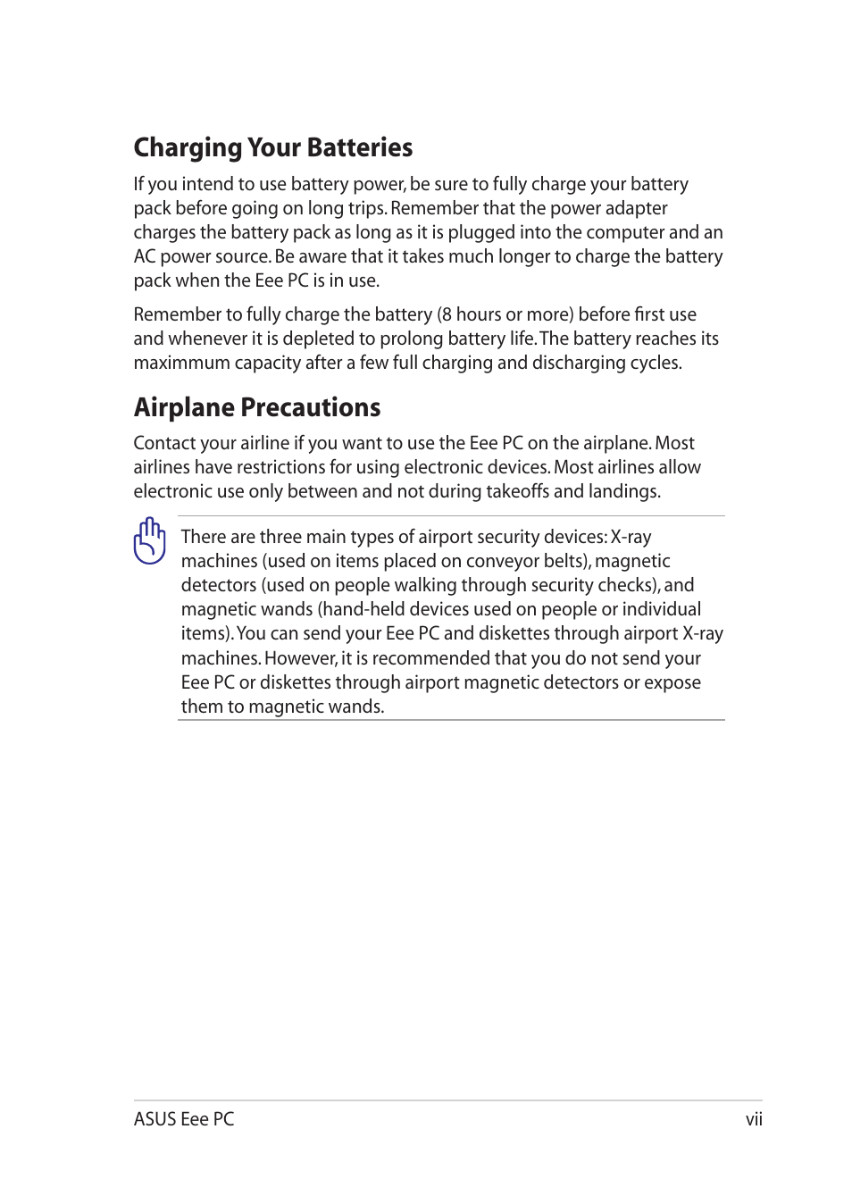 Charging your batteries, Airplane precautions | Asus Eee PC 1201HAB User Manual | Page 7 / 60