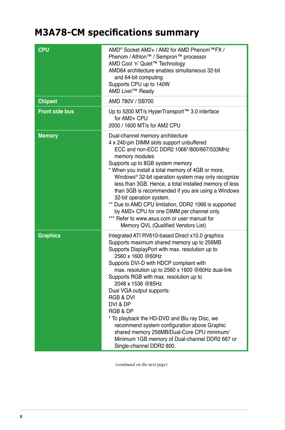 M3a78-cm specifications summary | Asus M3A78-CM User Manual | Page 10 / 96