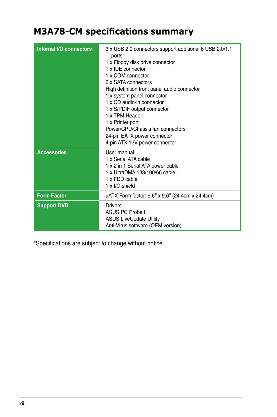 M3a78-cm specifications summary | Asus M3A78-CM User Manual | Page 12 / 96