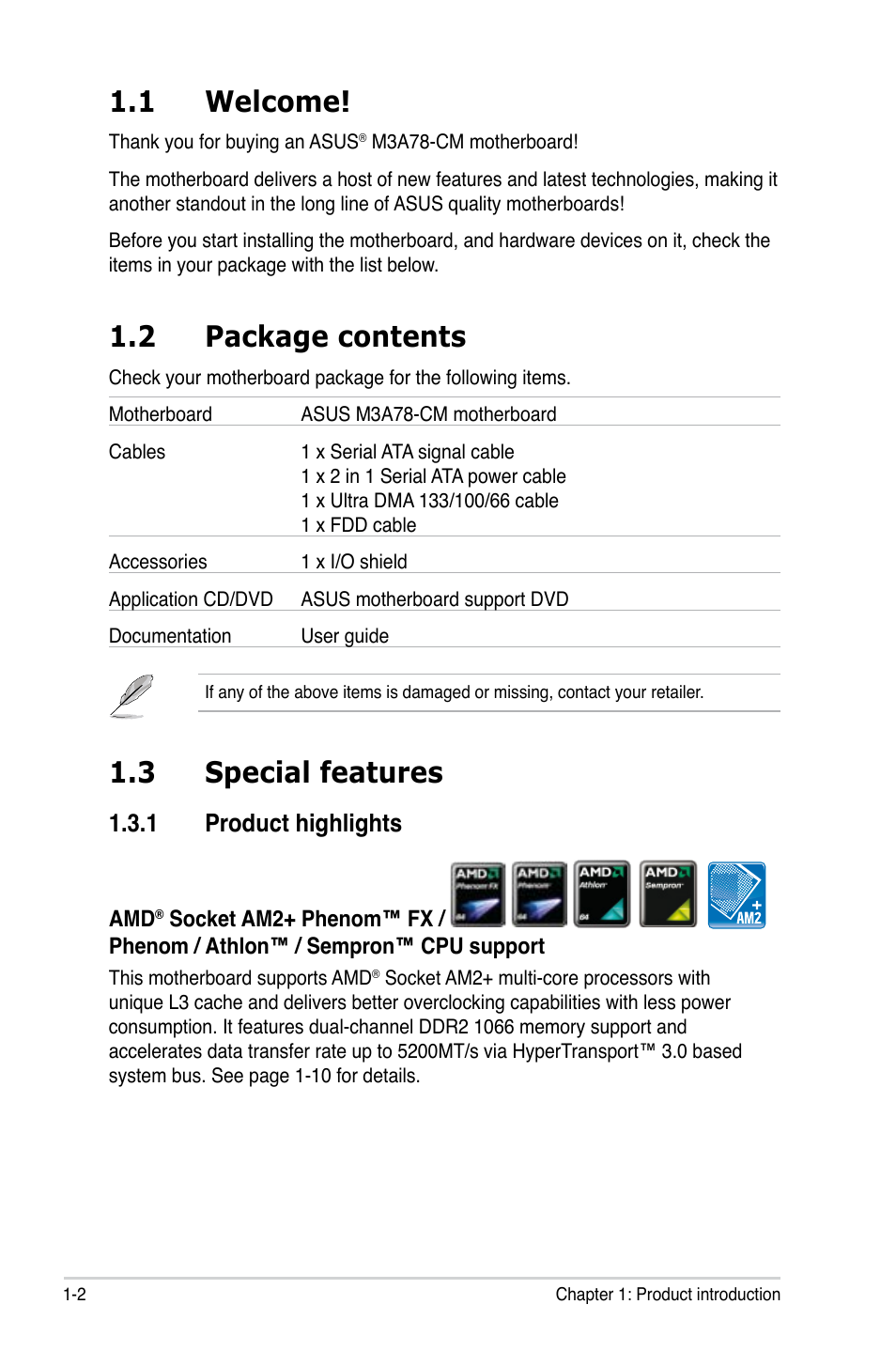 1 welcome, 2 package contents, 3 special features | 1 product highlights, Welcome! -2, Package contents -2, Special features -2 1.3.1, Product highlights -2 | Asus M3A78-CM User Manual | Page 14 / 96