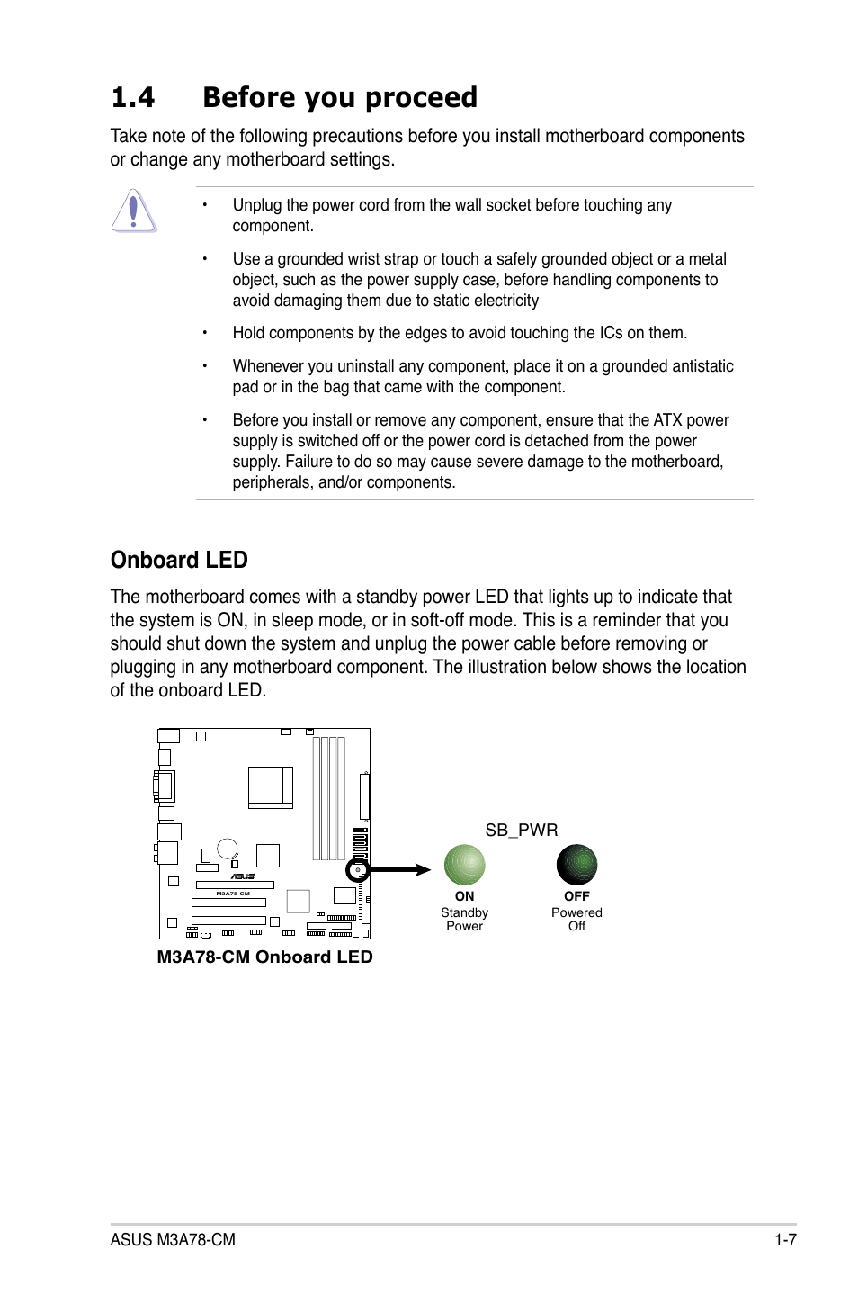 4 before you proceed, Before you proceed -7, Onboard led | Asus M3A78-CM User Manual | Page 19 / 96