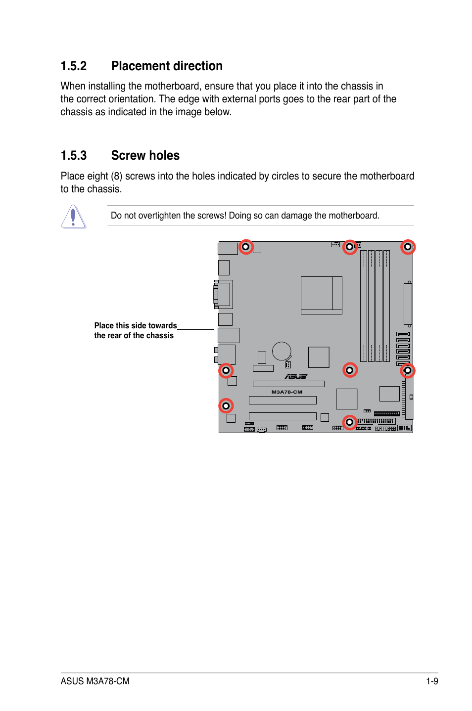 2 placement direction, 3 screw holes, Placement direction -9 | Screw holes -9 | Asus M3A78-CM User Manual | Page 21 / 96