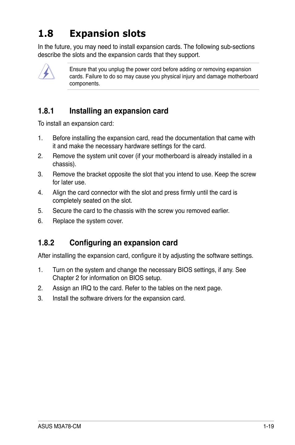 8 expansion slots, 1 installing an expansion card, 2 configuring an expansion card | Expansion slots -19 1.8.1, Installing an expansion card -19, Configuring an expansion card -19 | Asus M3A78-CM User Manual | Page 31 / 96