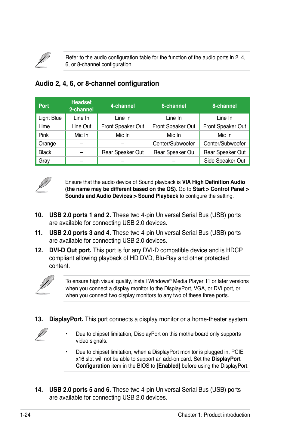 Audio 2, 4, 6, or 8-channel configuration | Asus M3A78-CM User Manual | Page 36 / 96