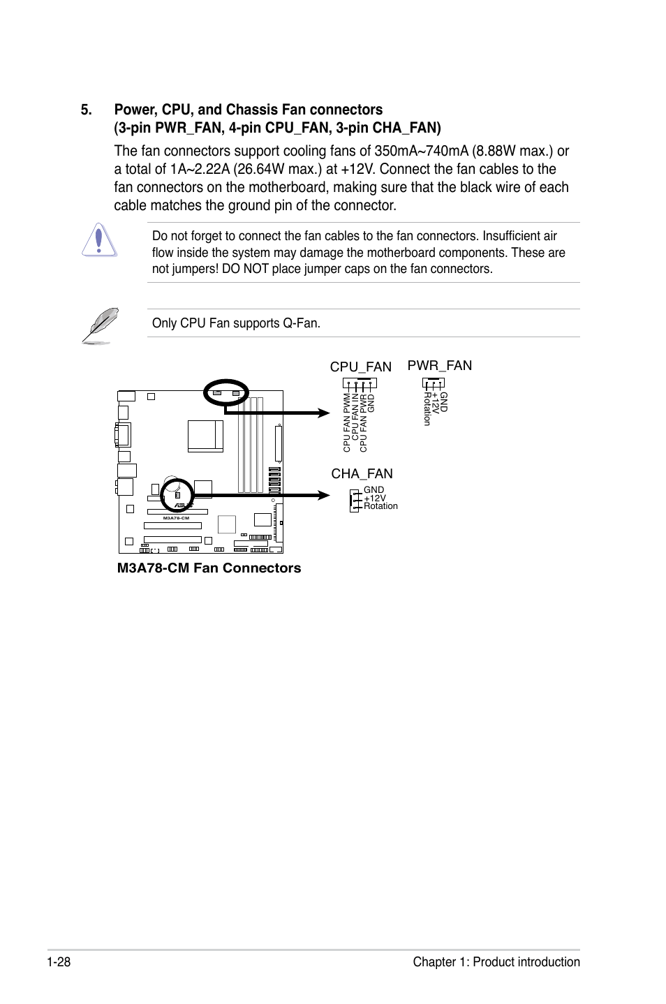 28 chapter 1: product introduction, M3a78-cm fan connectors cpu_fan, Cha_fan | Pwr_fan | Asus M3A78-CM User Manual | Page 40 / 96