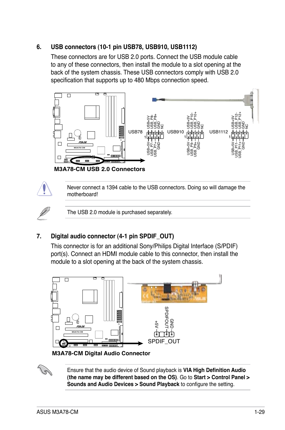 M3a78-cm digital audio connector, Spdif_out | Asus M3A78-CM User Manual | Page 41 / 96