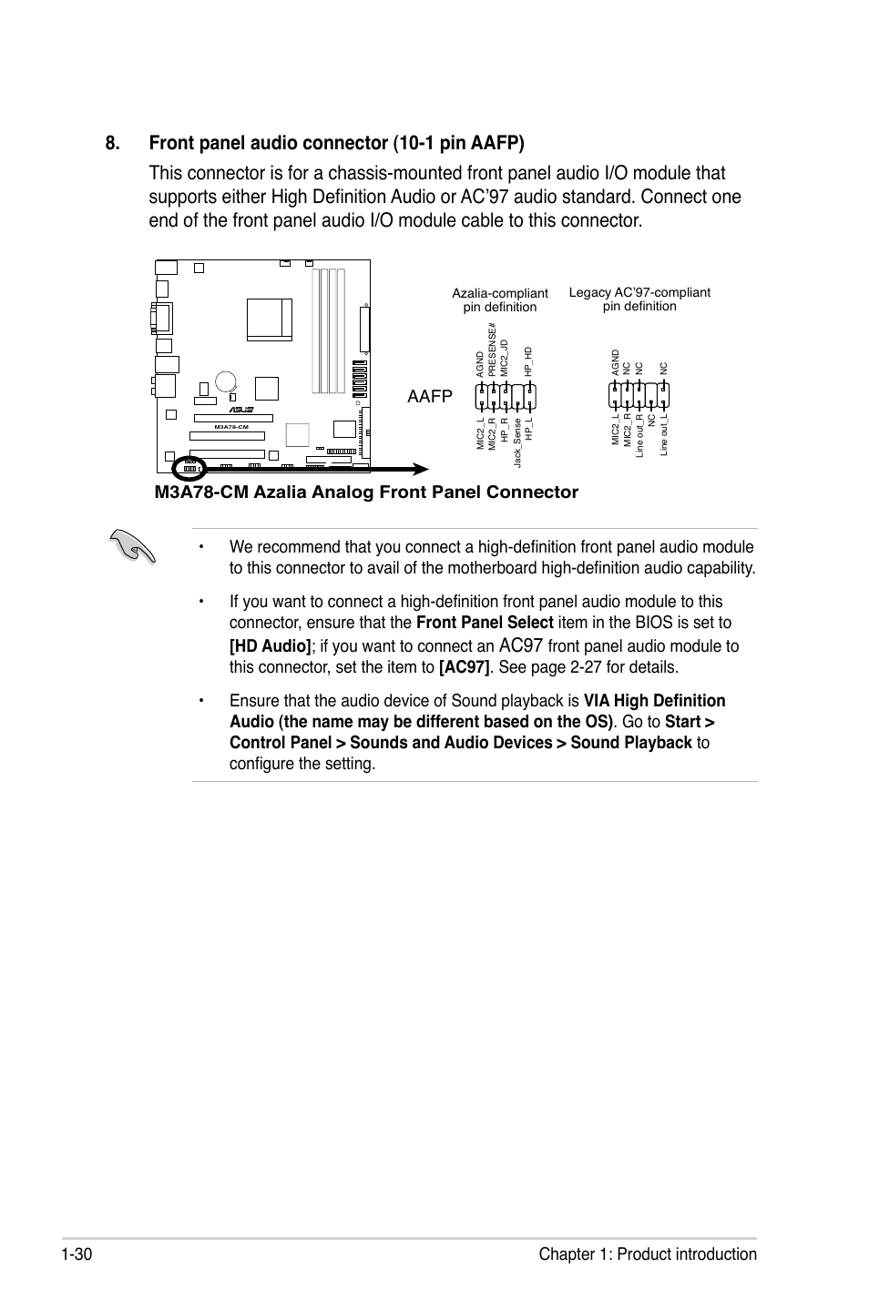 Ac97, 30 chapter 1: product introduction, Aafp | Asus M3A78-CM User Manual | Page 42 / 96