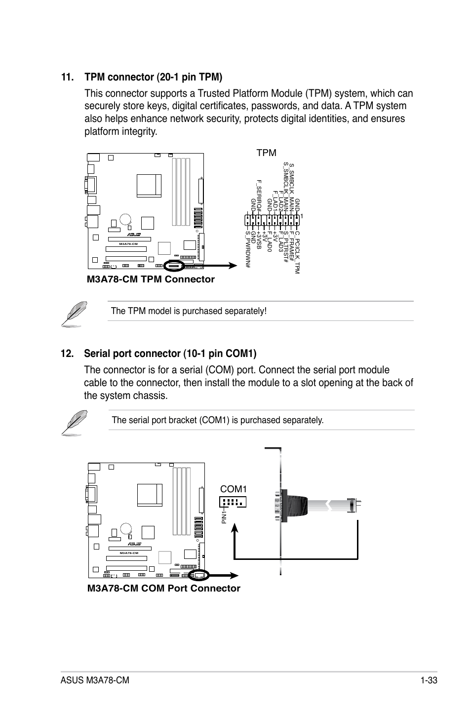The tpm model is purchased separately, M3a78-cm tpm connector tpm, M3a78-cm com port connector | Com1 | Asus M3A78-CM User Manual | Page 45 / 96
