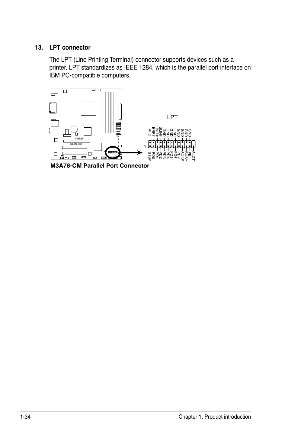 34 chapter 1: product introduction, M3a78-cm parallel port connector lpt | Asus M3A78-CM User Manual | Page 46 / 96
