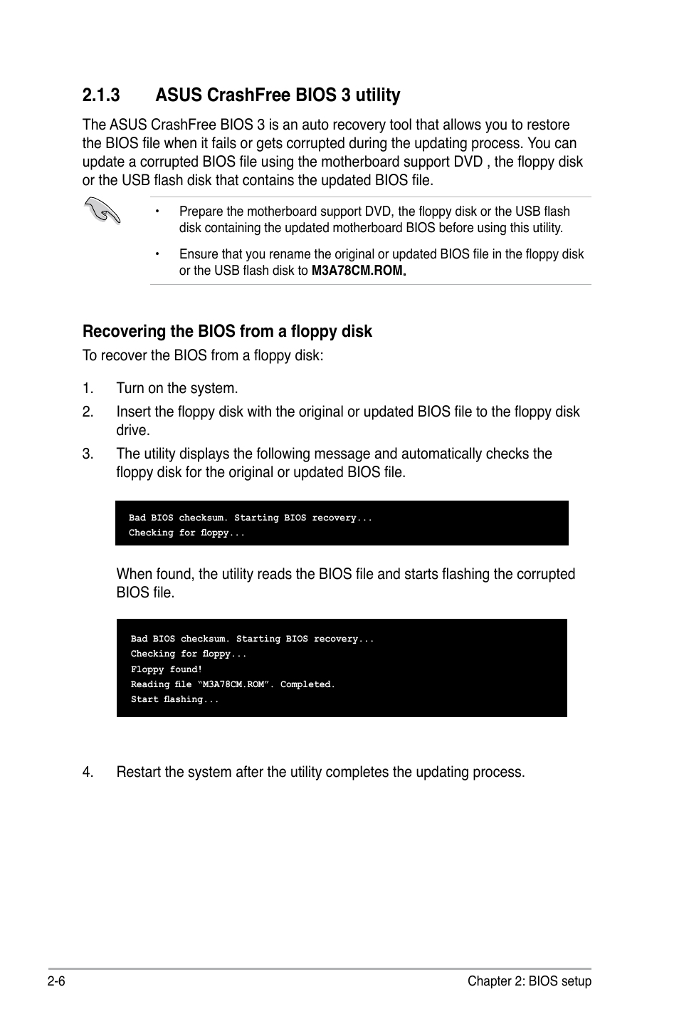 3 asus crashfree bios 3 utility, Asus crashfree bios 3 utility -6, Recovering the bios from a floppy disk | Asus M3A78-CM User Manual | Page 52 / 96