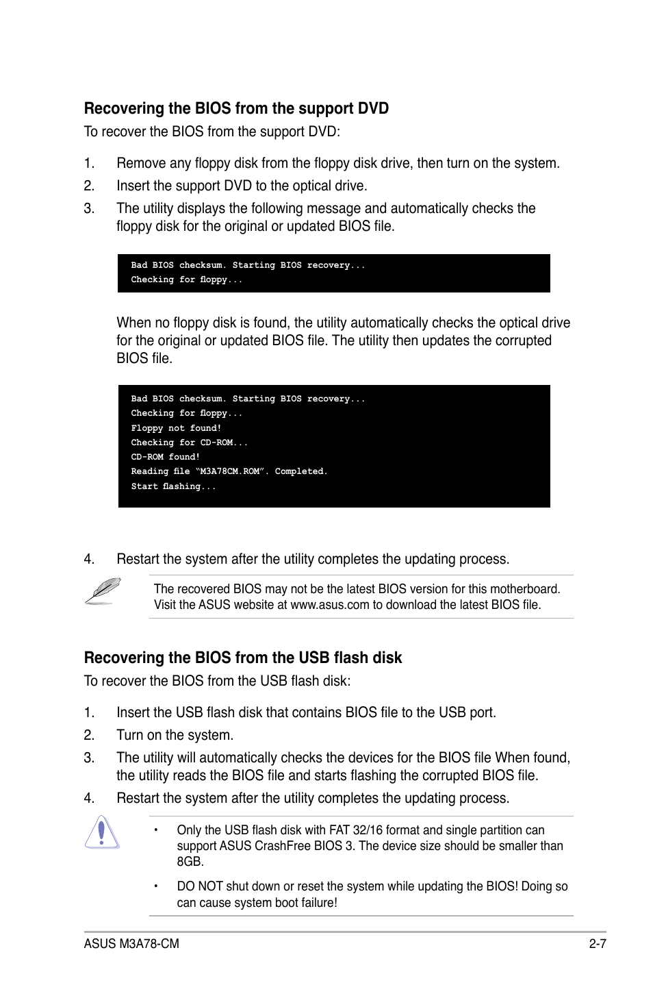 Recovering the bios from the support dvd, Recovering the bios from the usb flash disk | Asus M3A78-CM User Manual | Page 53 / 96