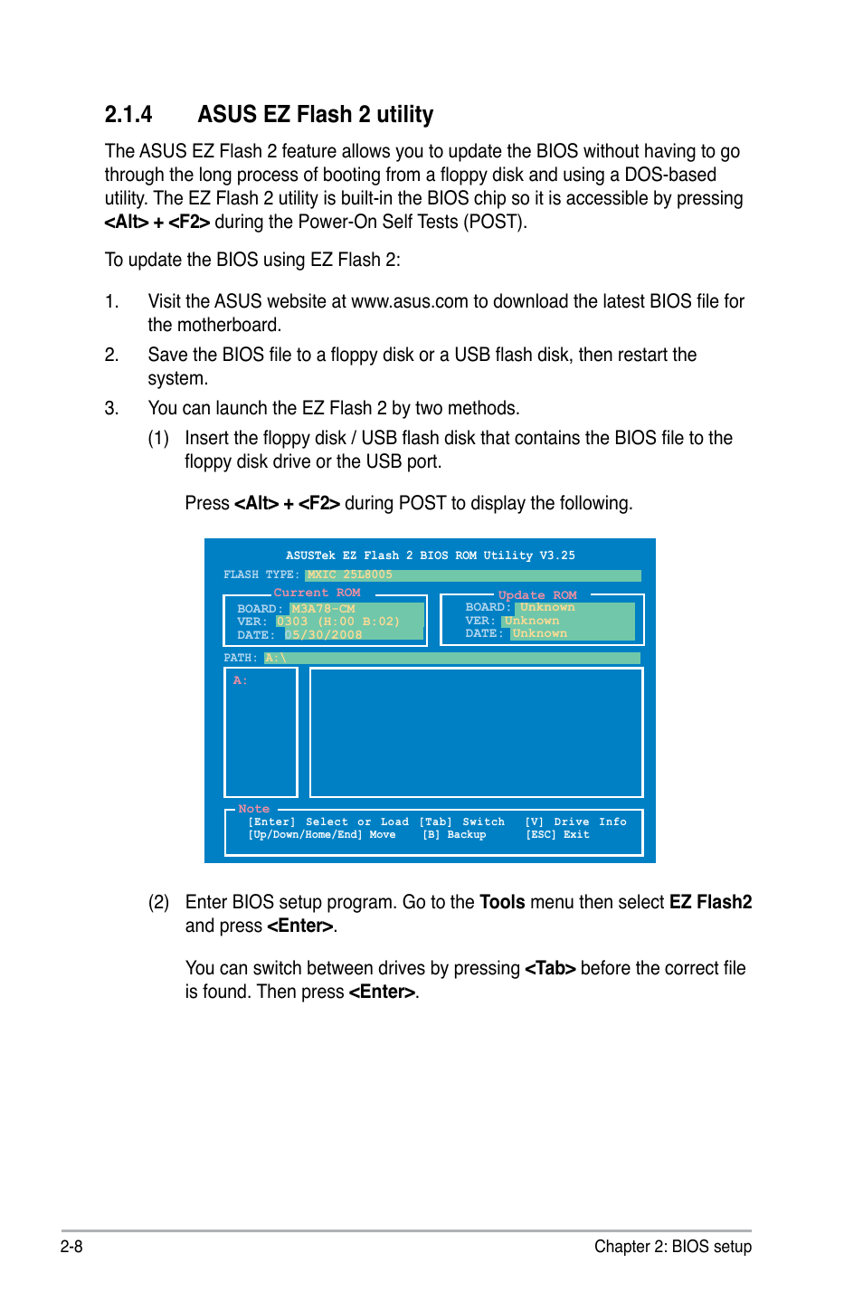 4 asus ez flash 2 utility, Asus ez flash 2 utility -8 | Asus M3A78-CM User Manual | Page 54 / 96