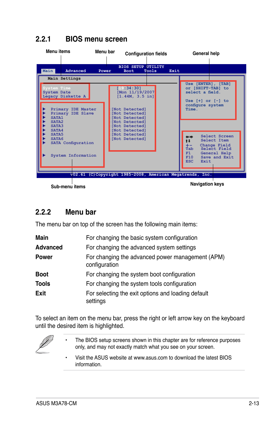 1 bios menu screen, 2 menu bar, Bios menu screen -13 | Menu bar -13, 1 bios menu screen 2.2.2 menu bar | Asus M3A78-CM User Manual | Page 59 / 96