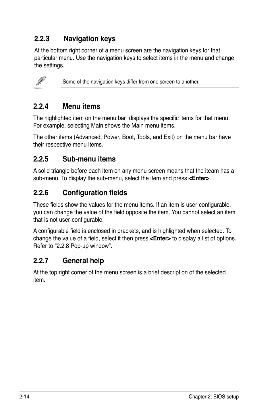 3 navigation keys, 4 menu items, 5 sub-menu items | 6 configuration fields, 7 general help, Navigation keys -14, Menu items -14, Sub-menu items -14, Configuration fields -14, General help -14 | Asus M3A78-CM User Manual | Page 60 / 96