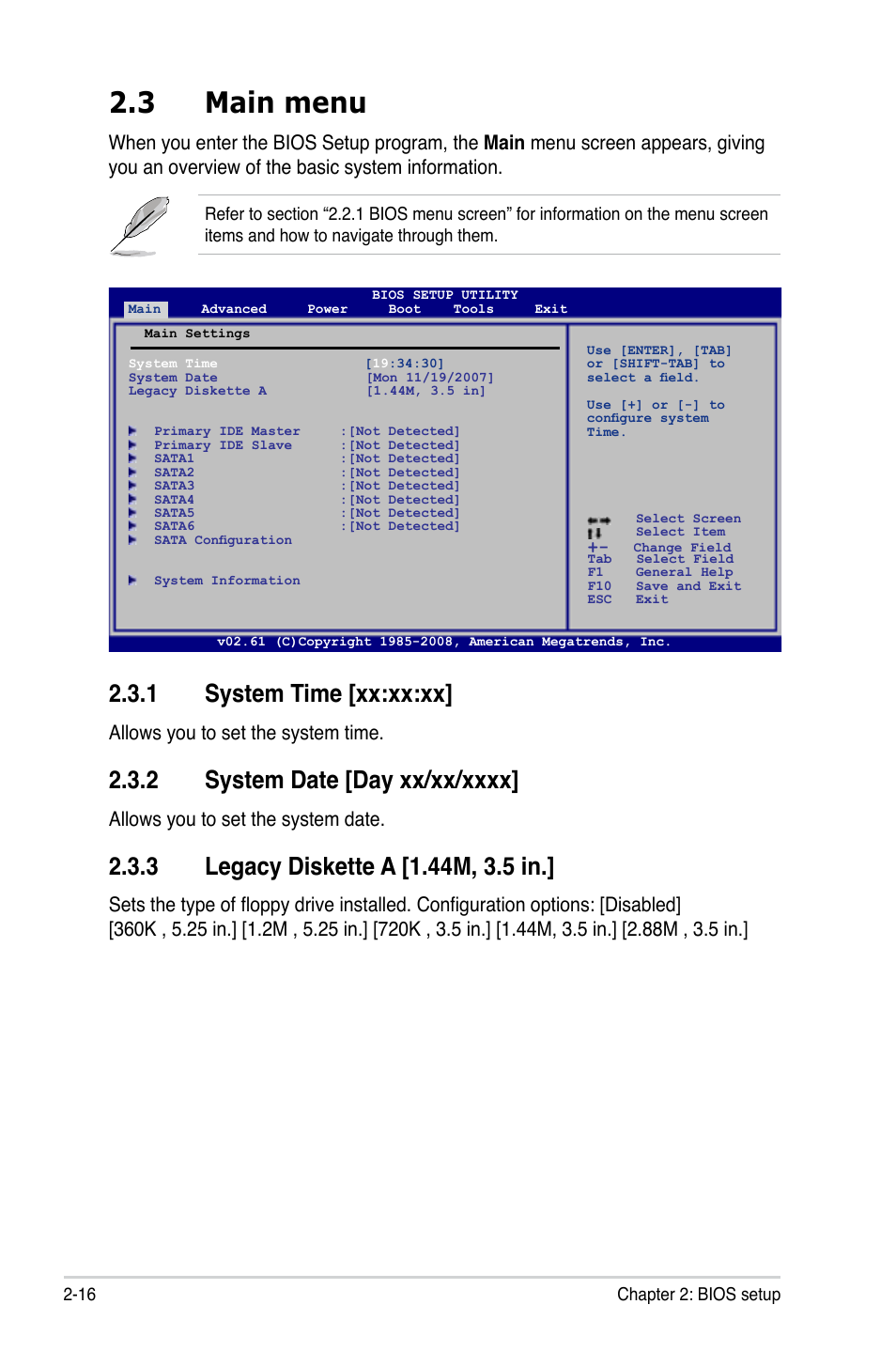 3 main menu, 1 system time, 2 system date | 3 legacy diskette a, Main menu -16 2.3.1, System time -16, System date -16, Legacy diskette a -16, 1 system time [xx:xx:xx, Allows you to set the system time | Asus M3A78-CM User Manual | Page 62 / 96