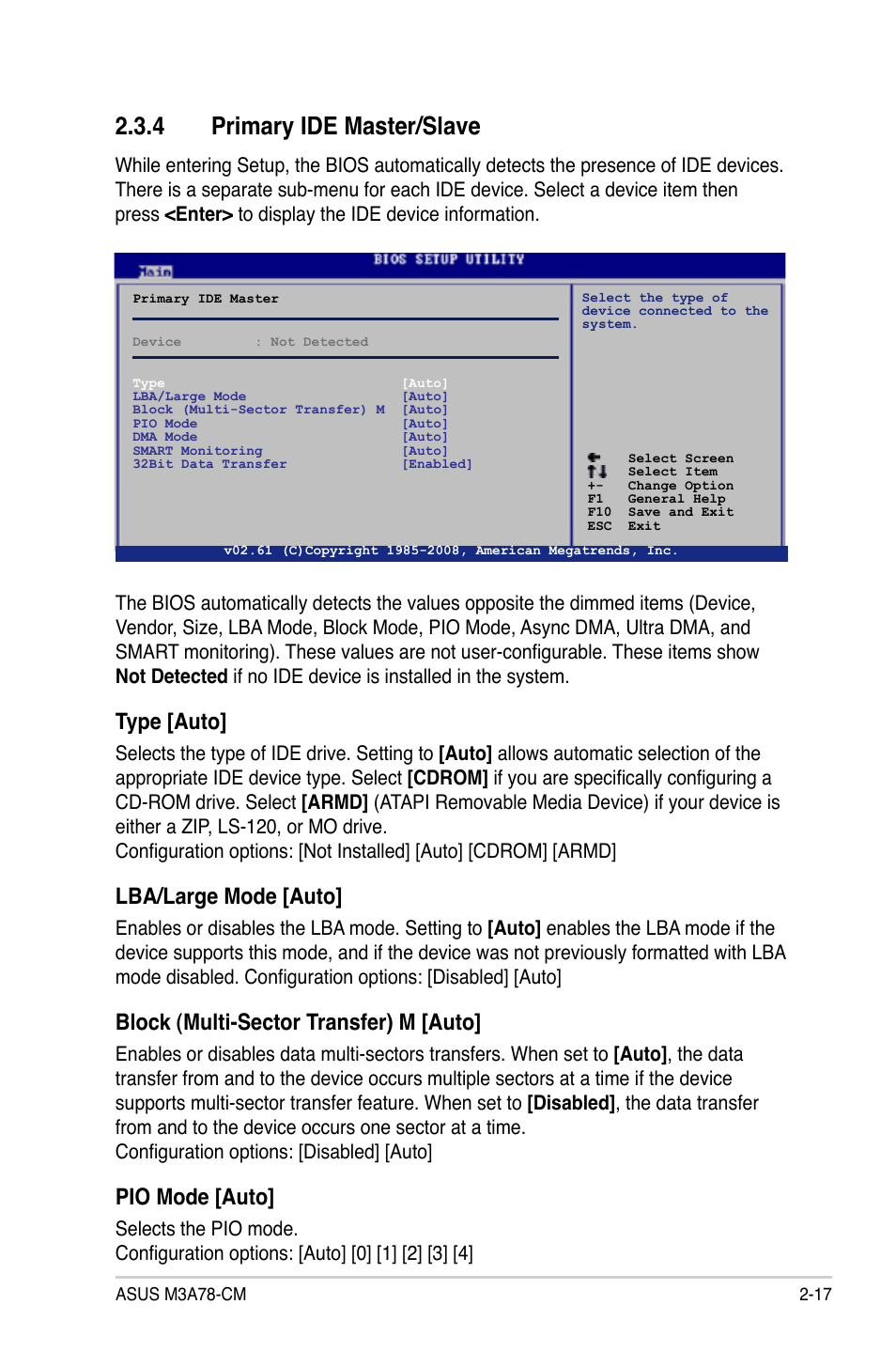 4 primary ide master/slave, Primary ide master/slave -17, Type [auto | Lba/large mode [auto, Block (multi-sector transfer) m [auto, Pio mode [auto | Asus M3A78-CM User Manual | Page 63 / 96