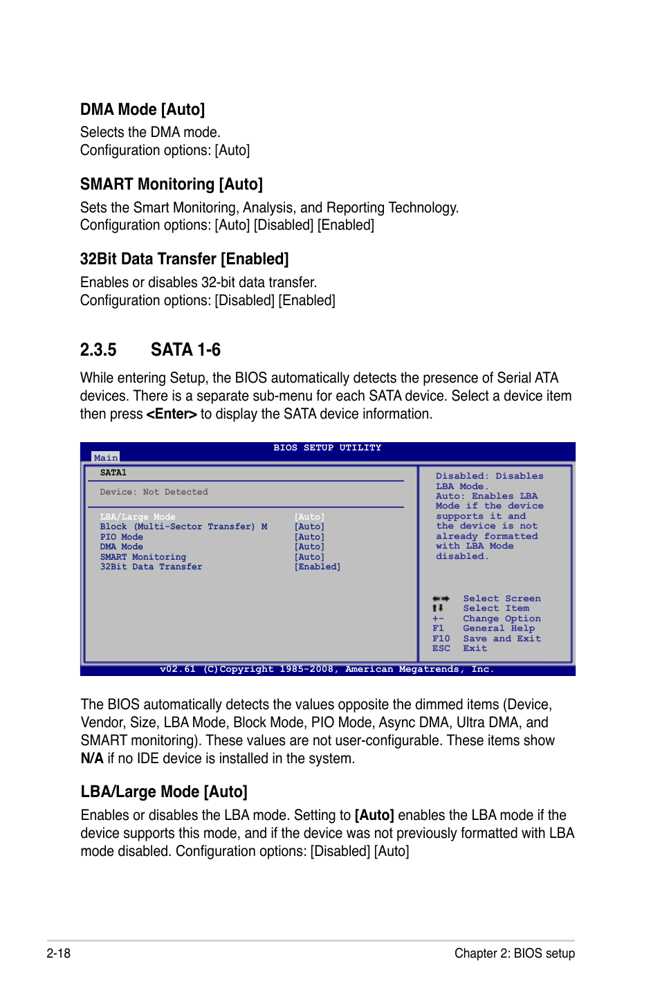 5 sata 1-6, Sata 1-6 -18, Dma mode [auto | Smart monitoring [auto, 32bit data transfer [enabled, Lba/large mode [auto, Selects the dma mode. configuration options: [auto | Asus M3A78-CM User Manual | Page 64 / 96