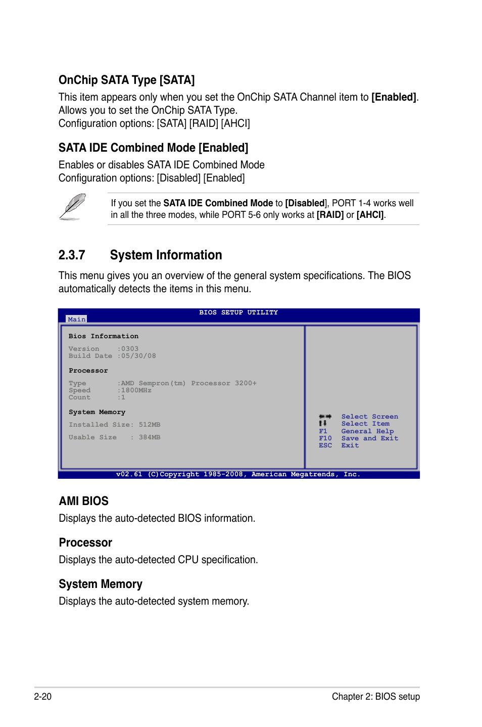 7 system information, System information -20, Onchip sata type [sata | Sata ide combined mode [enabled, Ami bios, Processor | Asus M3A78-CM User Manual | Page 66 / 96