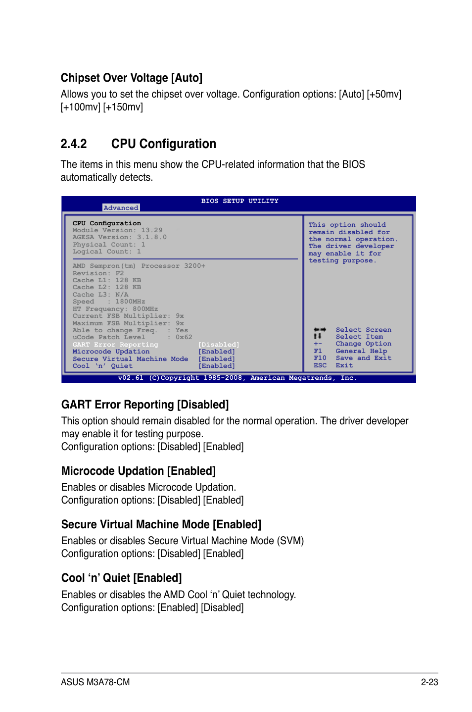 2 cpu configuration, Cpu configuration -23, Gart error reporting [disabled | Microcode updation [enabled, Secure virtual machine mode [enabled, Cool ‘n’ quiet [enabled, Chipset over voltage [auto | Asus M3A78-CM User Manual | Page 69 / 96