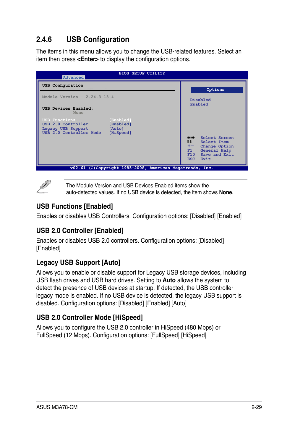 6 usb configuration, Usb configuration -29, Usb functions [enabled | Usb 2.0 controller [enabled, Legacy usb support [auto, Usb 2.0 controller mode [hispeed | Asus M3A78-CM User Manual | Page 75 / 96