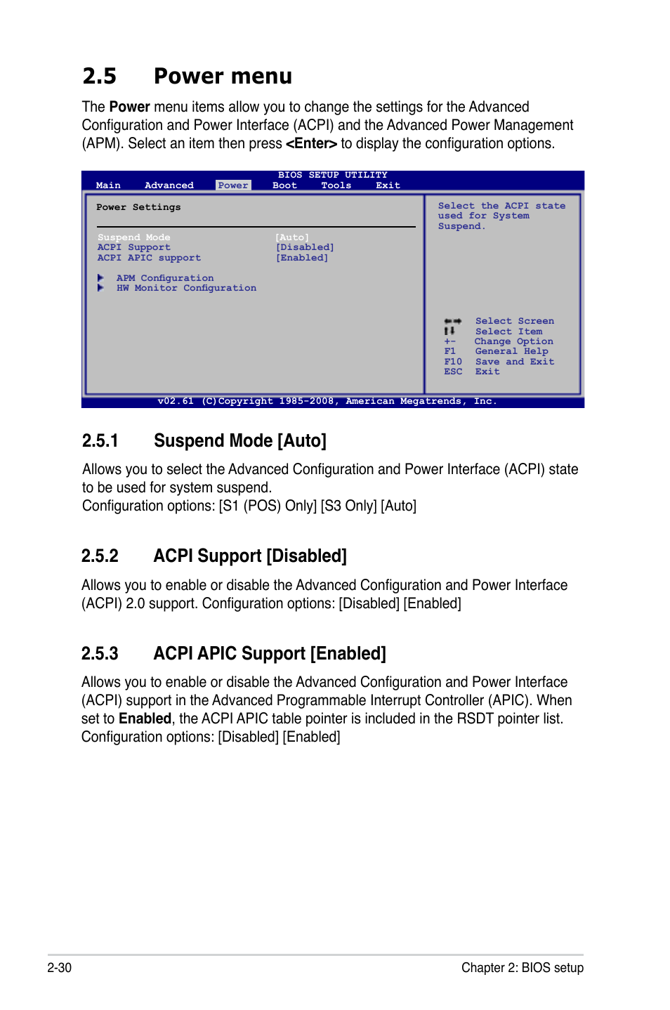 5 power menu, 1 suspend mode, 2 acpi support | 3 acpi apic support, Power menu -30 2.5.1, Suspend mode -30, Acpi support -30, Acpi apic support -30, 1 suspend mode [auto, 2 acpi support [disabled | Asus M3A78-CM User Manual | Page 76 / 96