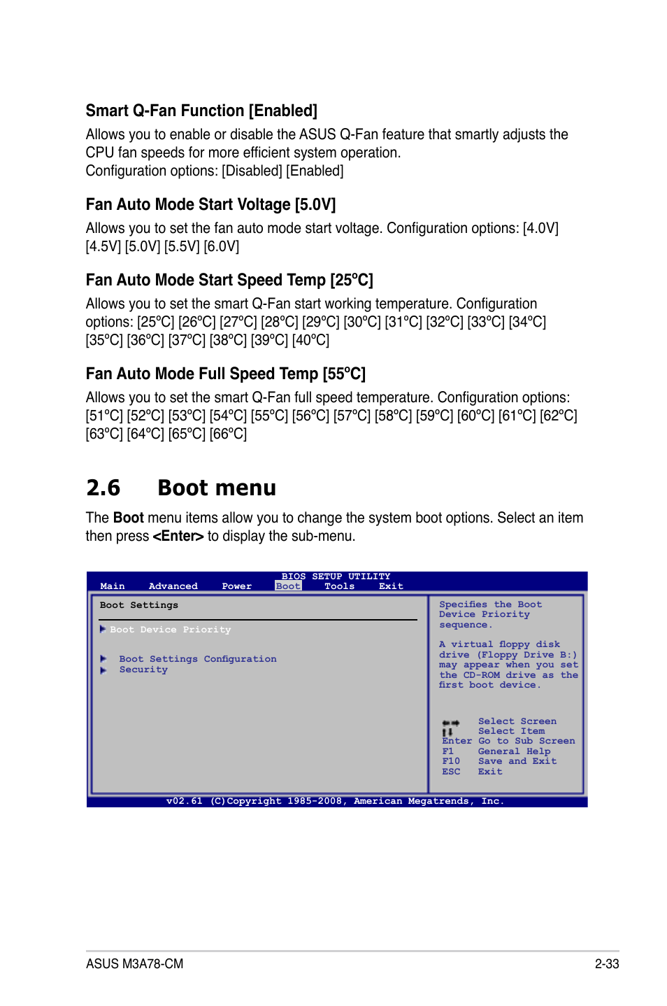 6 boot menu, Boot menu -33, Smart q-fan function [enabled | Fan auto mode start voltage [5.0v, Fan auto mode start speed temp [25ºc, Fan auto mode full speed temp [55ºc | Asus M3A78-CM User Manual | Page 79 / 96