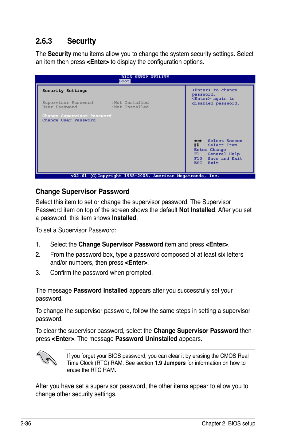 3 security, Security -36, Change supervisor password | Asus M3A78-CM User Manual | Page 82 / 96