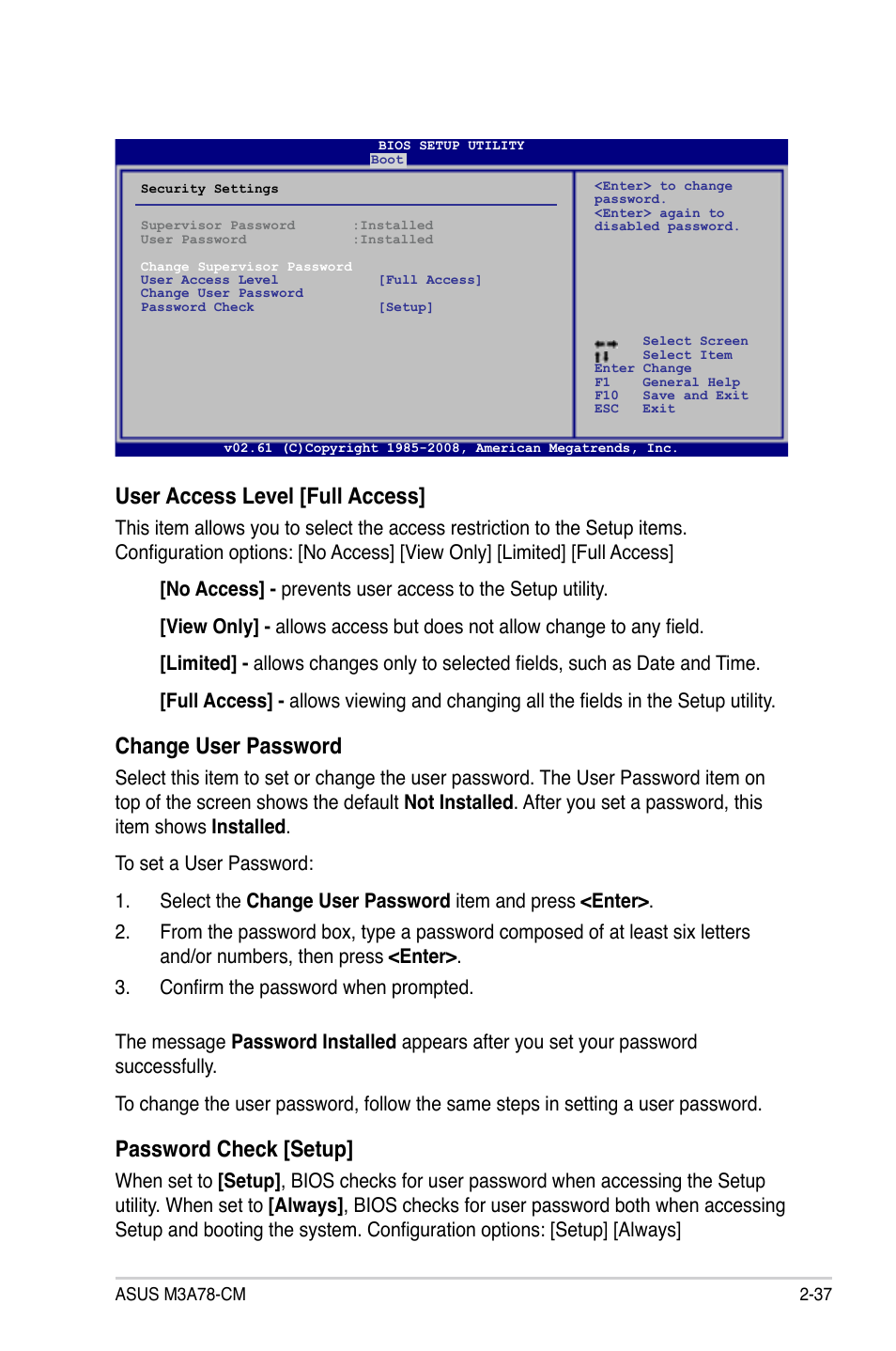 User access level [full access, Change user password, Password check [setup | Asus M3A78-CM User Manual | Page 83 / 96