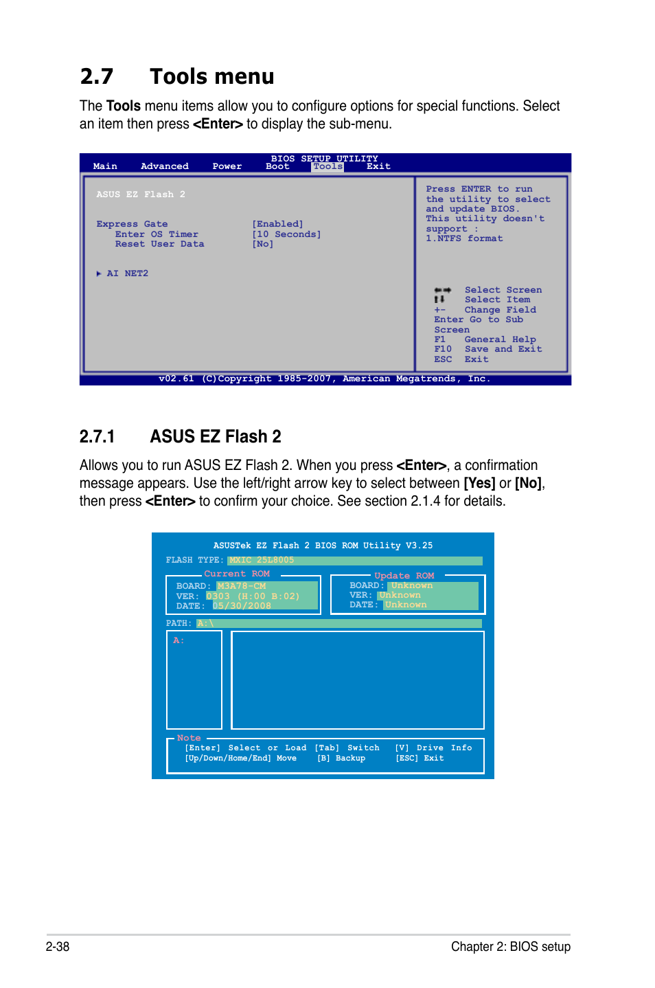 7 tools menu, 1 asus ez flash 2, Tools menu -38 2.7.1 | Asus ez flash 2 -38 | Asus M3A78-CM User Manual | Page 84 / 96