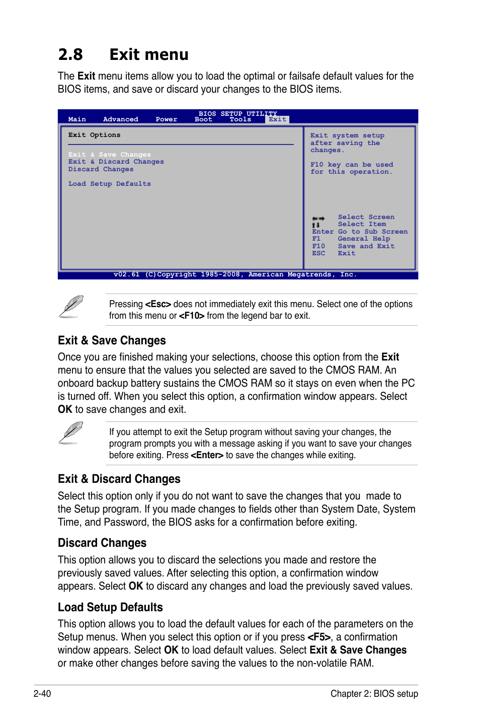 8 exit menu, Exit menu -40, Exit & save changes | Exit & discard changes, Discard changes, Load setup defaults | Asus M3A78-CM User Manual | Page 86 / 96