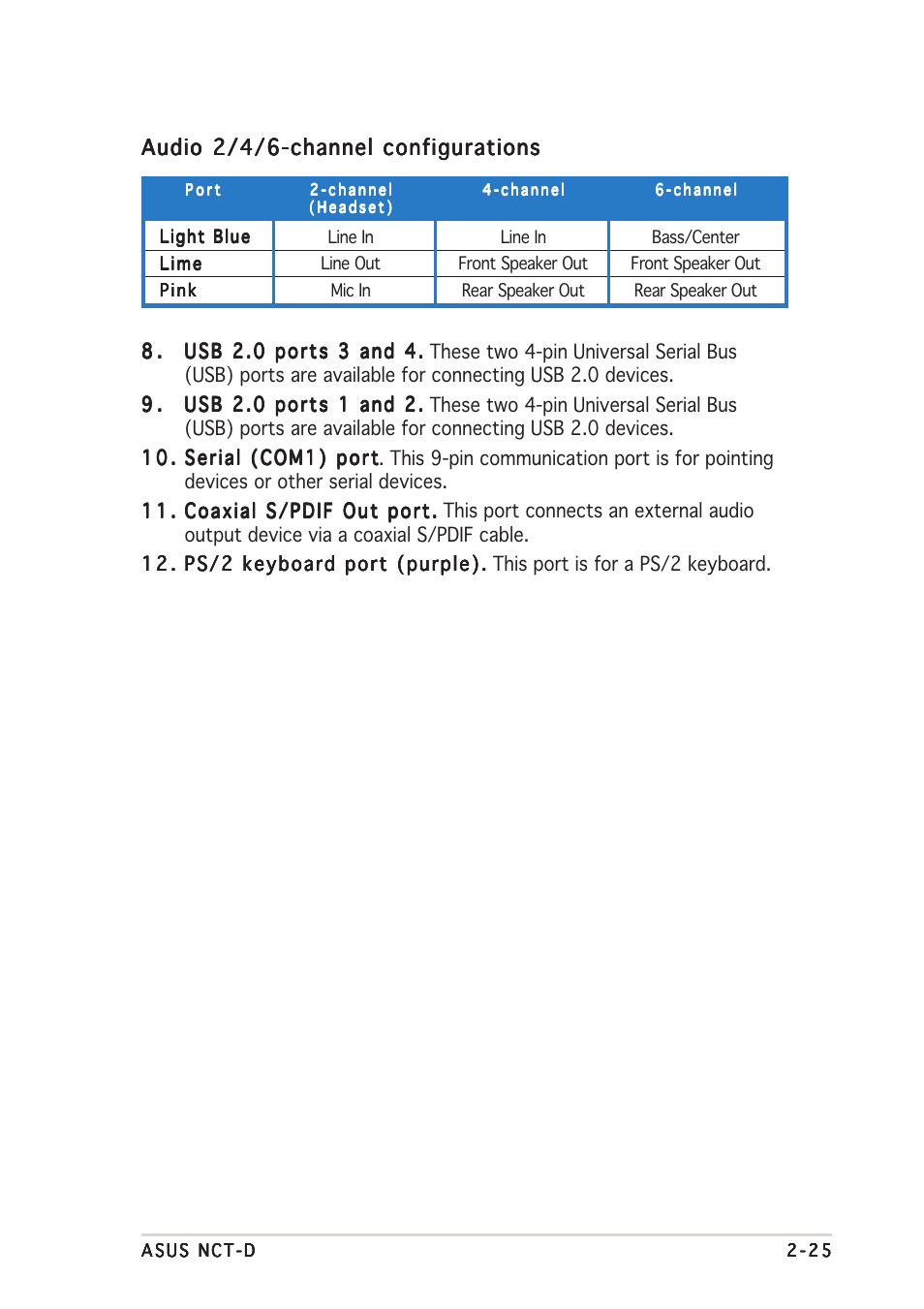 Audio 2/4/6-channel configurations | Asus NCT-D User Manual | Page 47 / 112