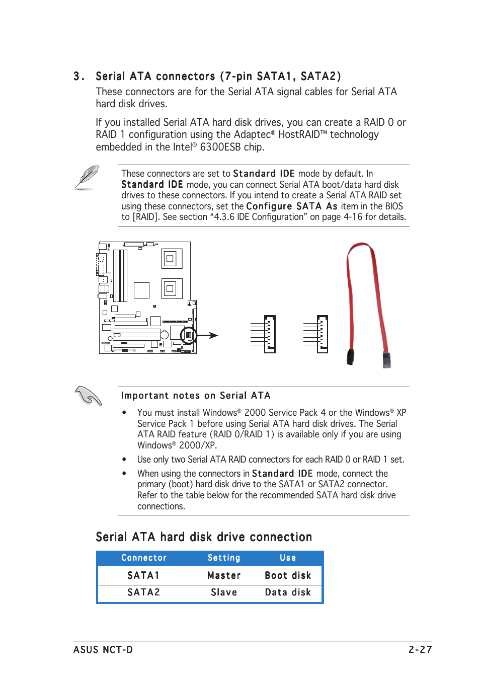 Serial ata hard disk drive connection, Hostraid™ technology embedded in the intel, 6300esb chip | Asus NCT-D User Manual | Page 49 / 112