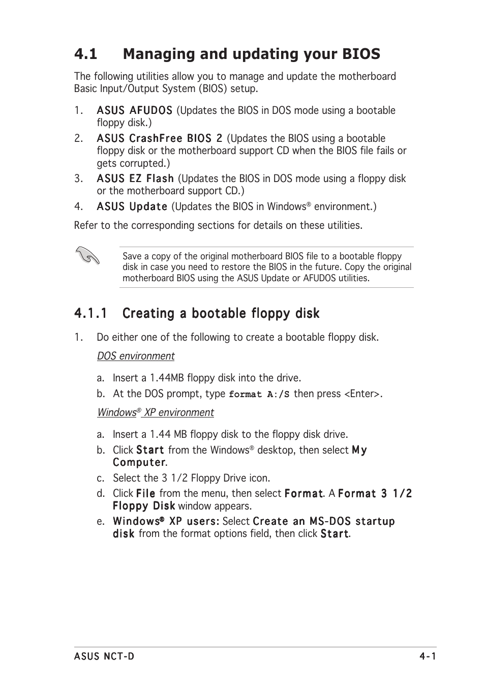 1 managing and updating your bios | Asus NCT-D User Manual | Page 71 / 112