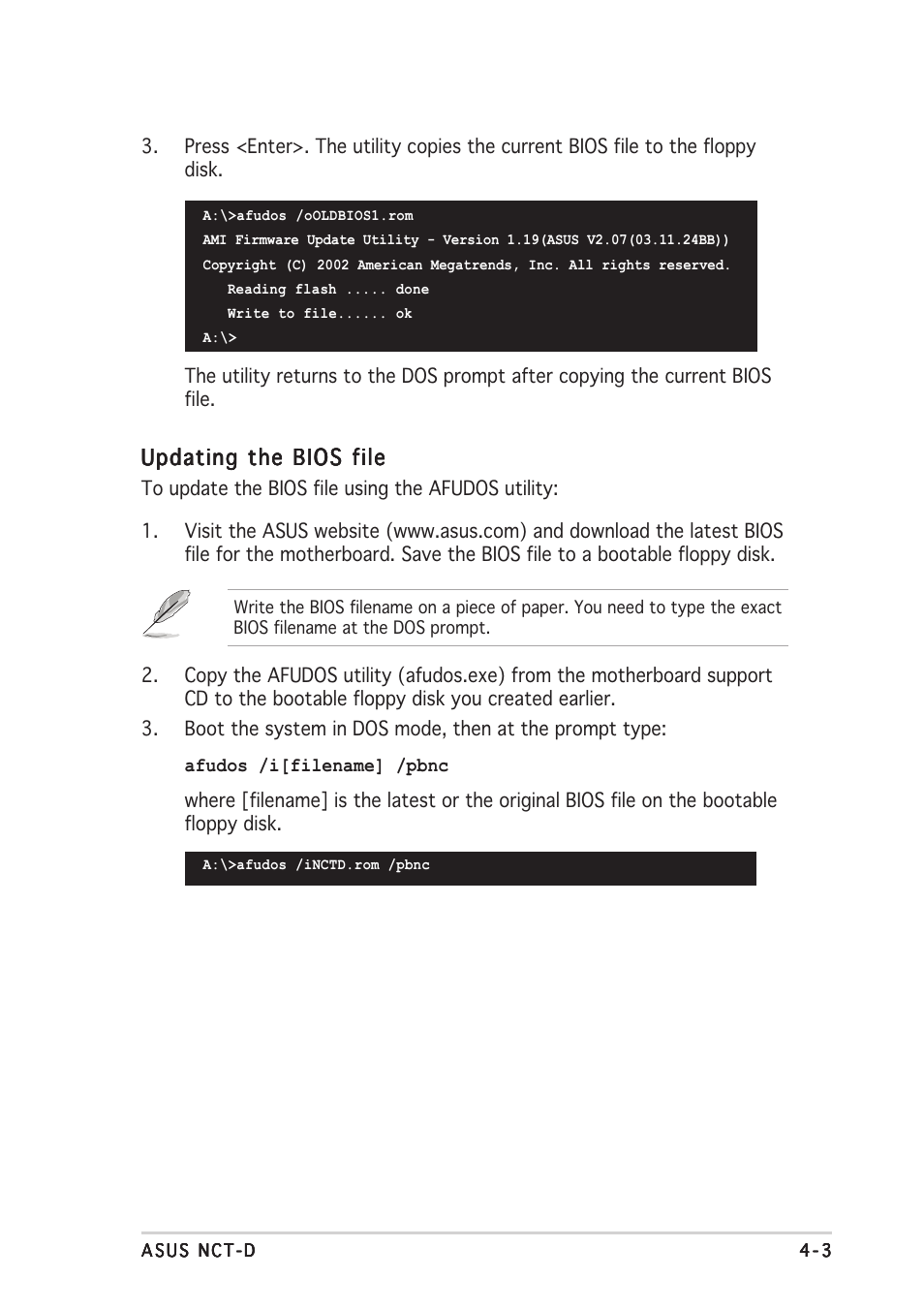 Updating the bios file | Asus NCT-D User Manual | Page 73 / 112